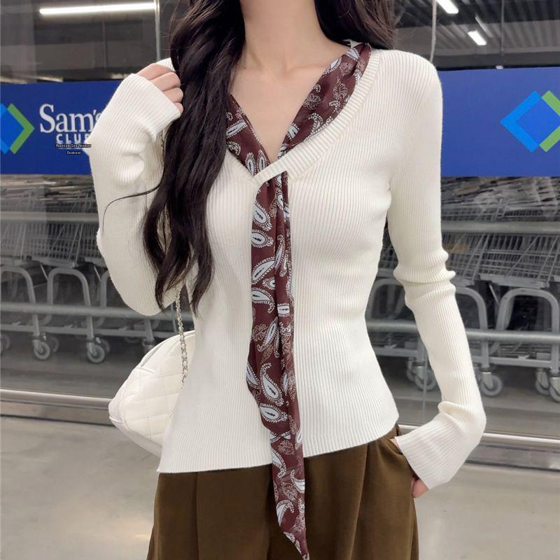 

2025 Autumn/Winter Korean Style Slim V-neck Knit Top for Women Large белый