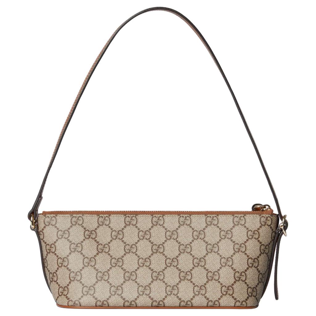 Gucci Torebka na ramię z emblematem GG, jasne złote okucia, tkanina powlekana, mała, damska, beżowo-brązowa, 847281-FAEUC-9758