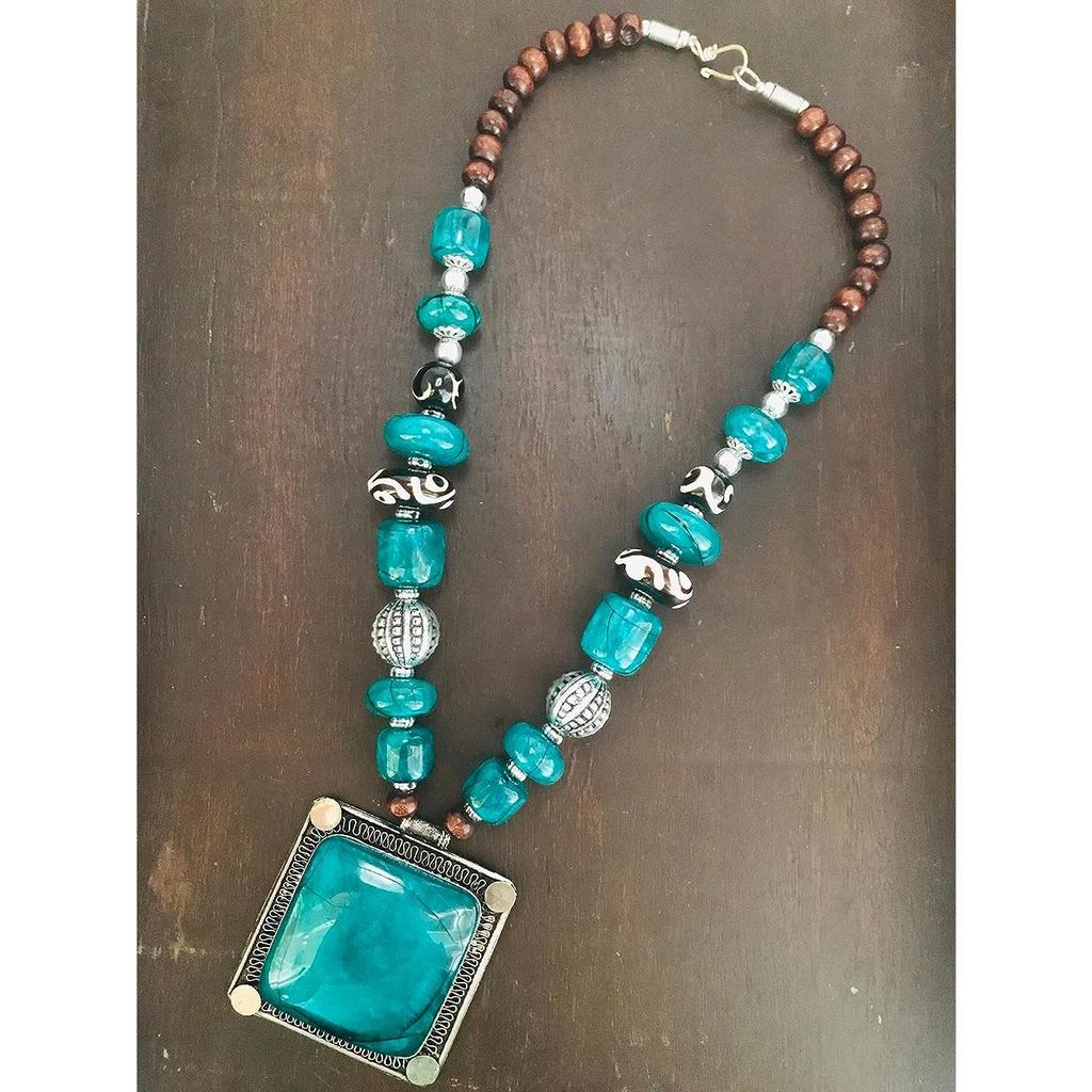 Antique Silver Oxidised Tribal Tibetan Bohemian Jewellery Tibetan Stone Necklace(Black White Tribal Beads with Mint Stone) (Sea Green)