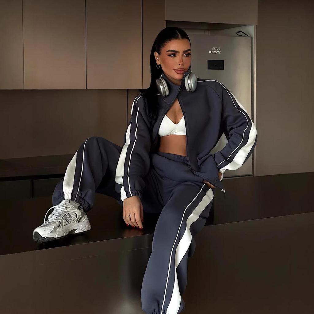 2026 Women's Spring/Autumn Striped Colorblock Zipper Cardigan & Long Pants Two-Piece Set