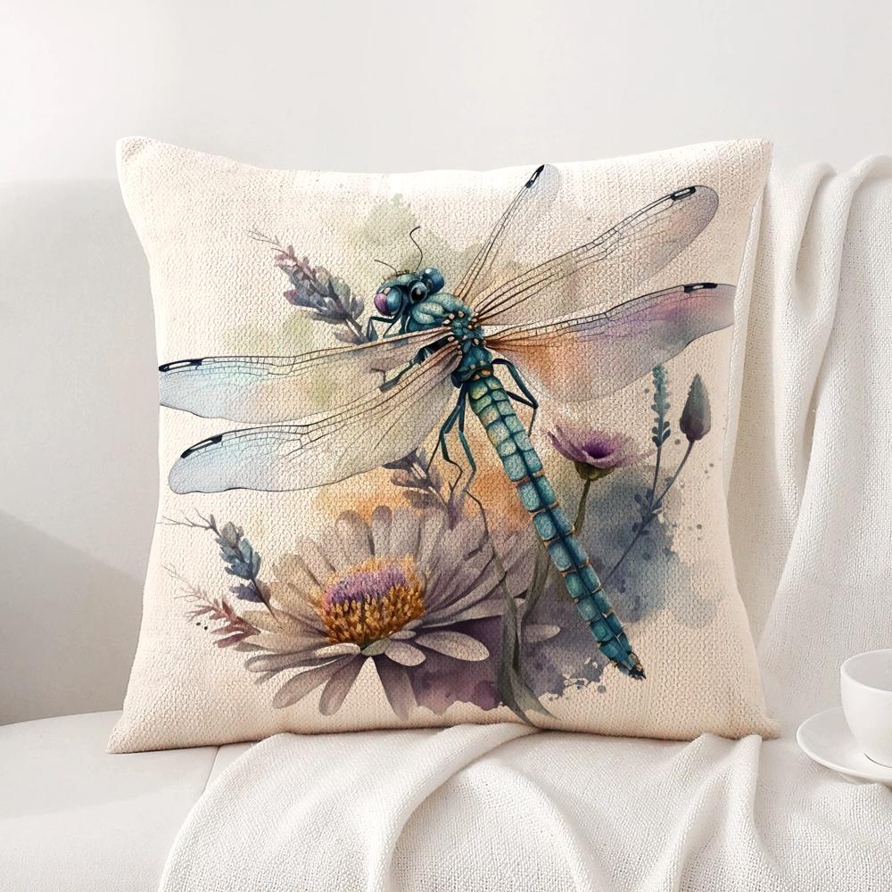 Watercolor Dragonflyflower Cushion Cover Natural Linen Organic Fabric DoubleSided Printing Sofa Home Decor Gift Pillow Cover