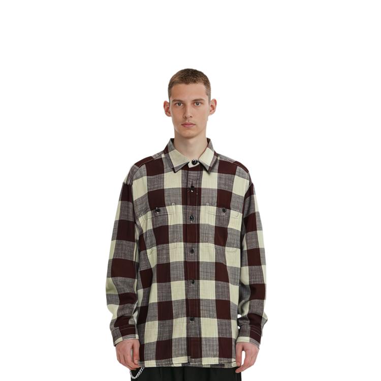 UNIQLO W23 Plaid Pattern Pointed Collar Loose Long Sleeve Shirt Unisex shirts Dark-Red 462389-18