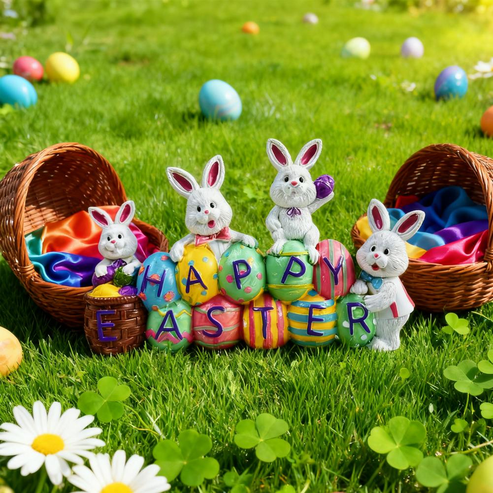 Happy Easter Bunny Figurine Hand-painted Colorful Egg Rabbit Resin Statue Sculpture Holiday Party Desktop Decoration Ornament