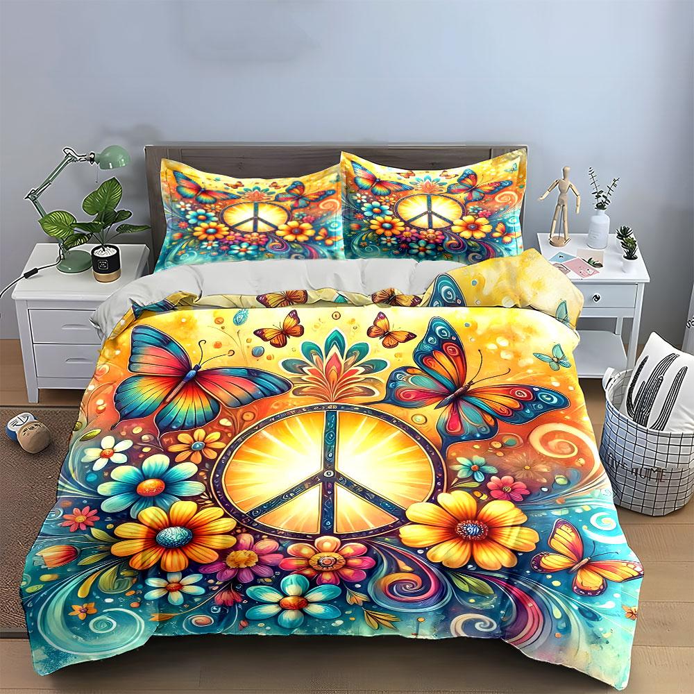 Bohemian Peace Symbol Art Set Multiple Sizes Kid'S And Adults' Bedroom Exquisite 3Pc Bedding Set, Gift