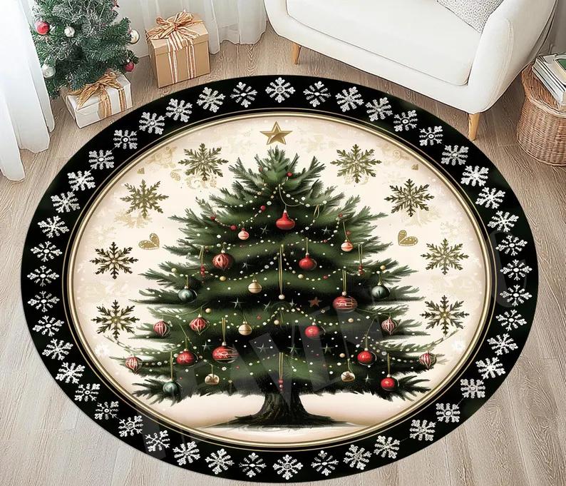 Christmas Tree Round Rug Snowflake Decor Xmas Area Rug Bedroom Living Room Carpet Decoration for The New Year