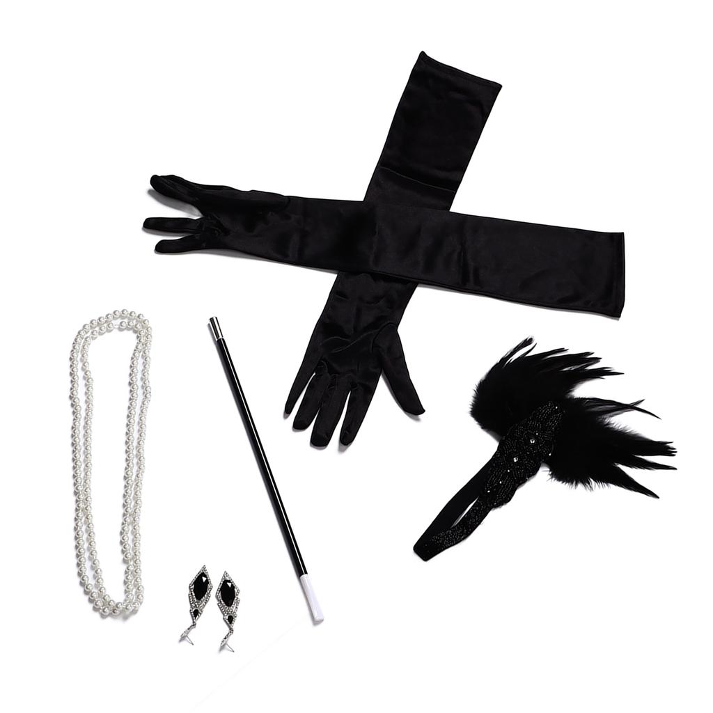 5 Stück Partykostüm Stirnband Feder Kopfschmuck Falsche Perlenkette Strass Ohrringe Handschuhe Cosplay Set