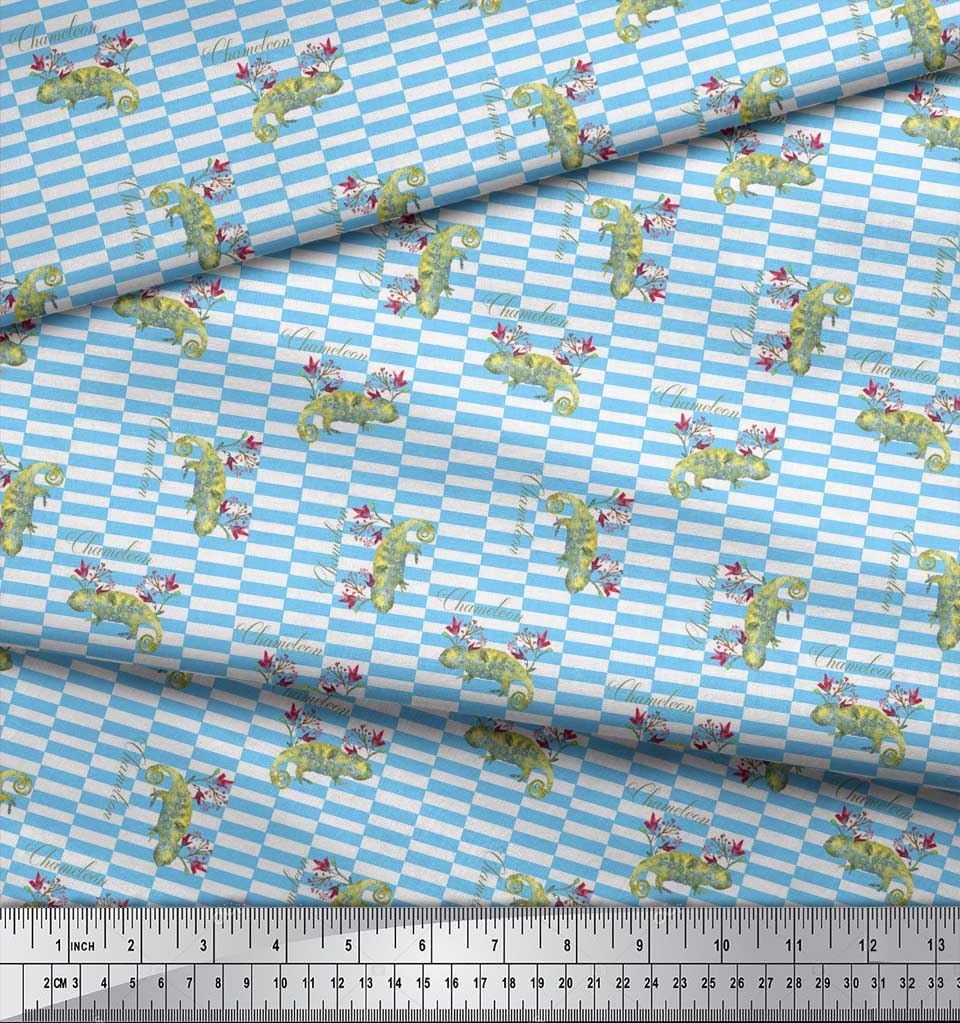 Soimoi Blauer Japan Krepp Satin Stoff Blumen- & Chamäleon Reptilien Druck Nähstoff Meter 42 Zoll