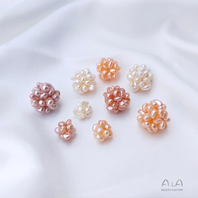 Hand-Woven Natural Freshwater Pearl Flower Ball Earrings and Beads