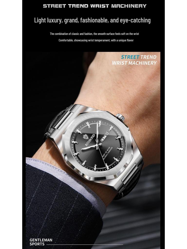 Binbang Men's Luminous Waterproof Quartz Watch with Calendar - Trendy Korean Style
