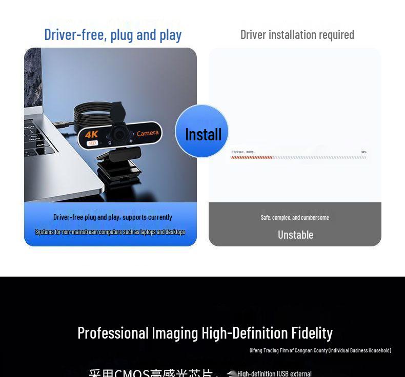 4K Ultra HD Streaming Camera with USB Microphone for Desktop and Laptop