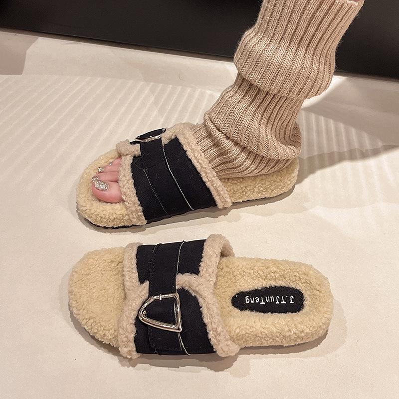 Fashion Autumn Winter Big Size Casual Cotton Slippers for Women Fashion Casual Korean Solid Color Buckle Fluffy Slipper Shoes Ladies