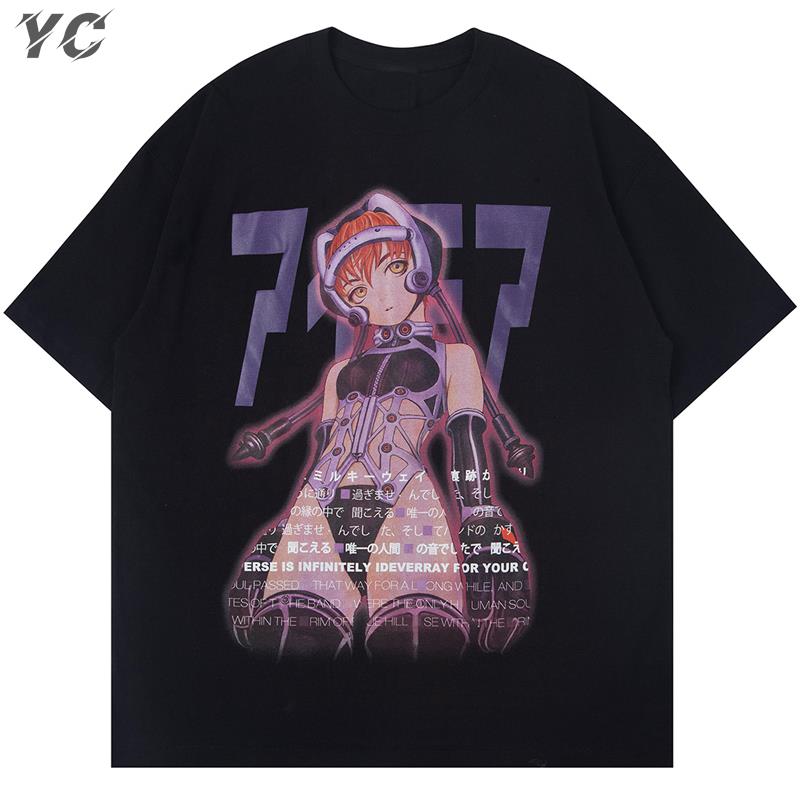Ulzzang Mens T Shirt Sexy Manga Girls Kanji Print Anime TShirts Summer Baggy College Style Tops Fashion Otaku Streetwear Tees