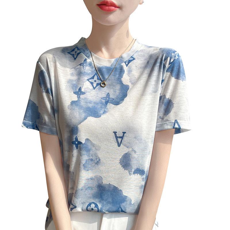 Jarní a letní móda Renderovaný potištěný pletený svetr s krátkým rukávem, volný, ležérní, tenký tencelový poloviční rukáv