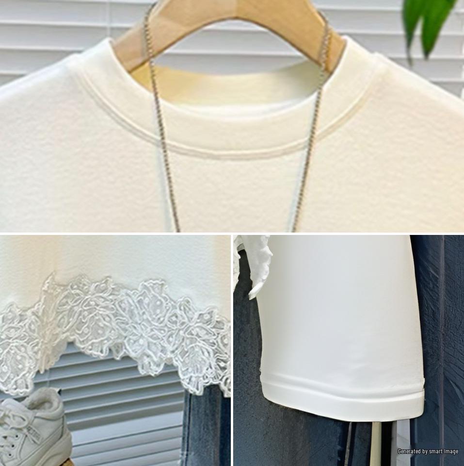 Korean-Style Lace Splicing Thermal T-Shirt: Comfortable Women's White Base Layer Top