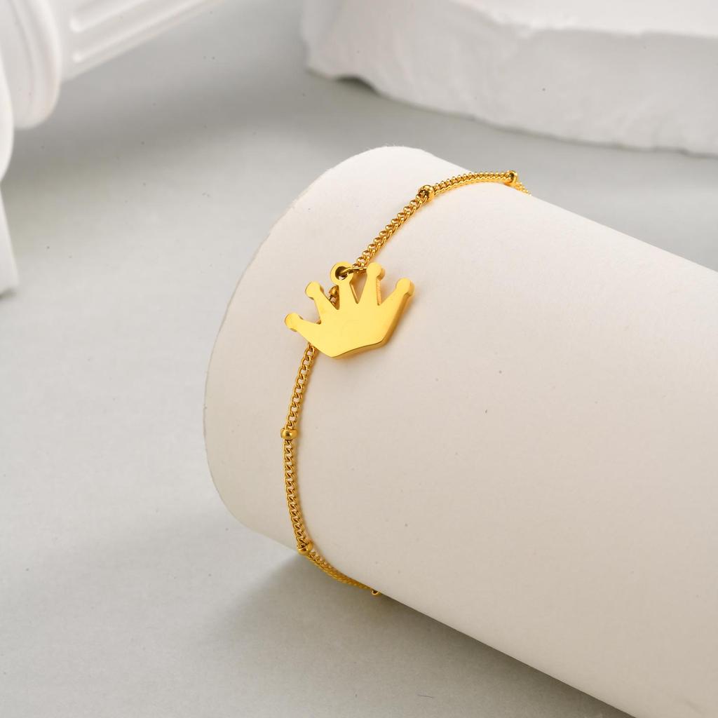 Simple Gold Plated Crown Anklet Stainless Steel Beaded Ankle Bracelet for Women Dainty Foot Chain Jewelry Summer Accessories