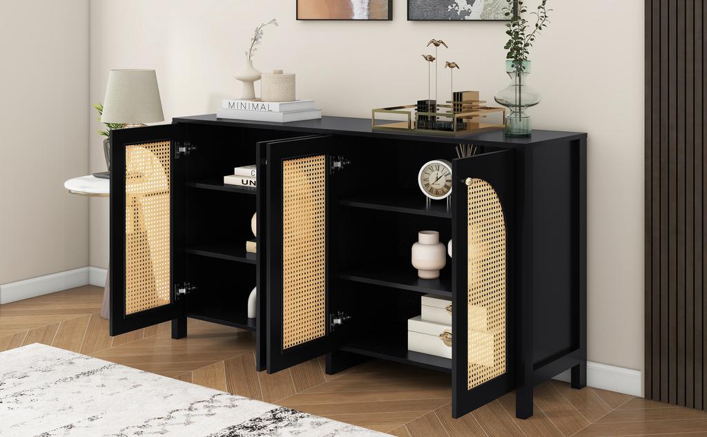 Modern Sideboard In Minimalist Style 4-rattan Door, Metal Handle Simple Buffet Cabinet for Dining Room, Living Room, Kitchen (black)