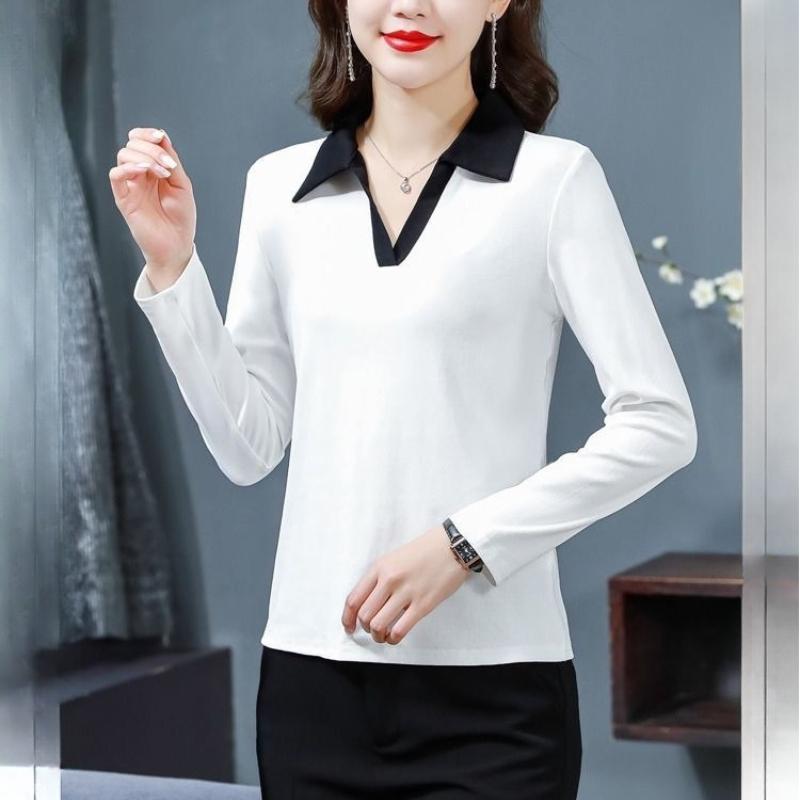 Korean Style Polo Collar Long Sleeve T Shirt Women Spring Autumn Fashion Mom Wear Casual Top