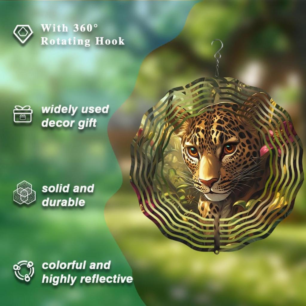 10 Inch Metal Leopard Wind Spinner Outdoor Garden Decor Hanging Wind Chime for Patio Yard 360 Rotating Hook Vibrant