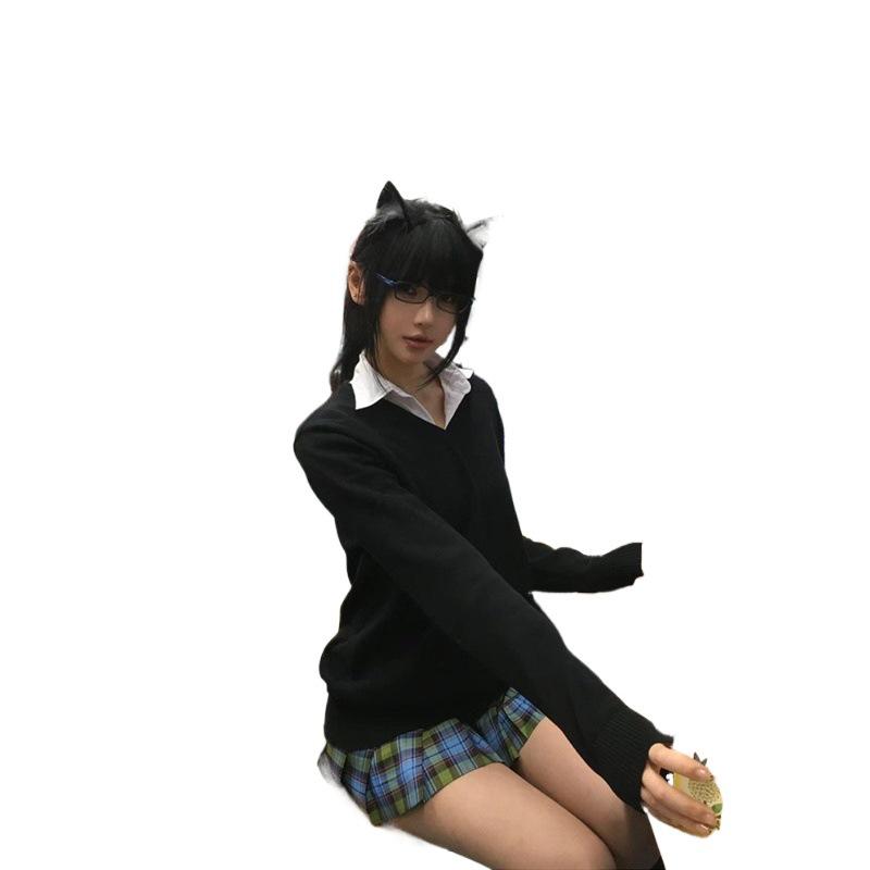 Preppy V-Neck JK Uniform Sweater Set: Autumn-Winter Long-Sleeve Versatile Outerwear for Girls