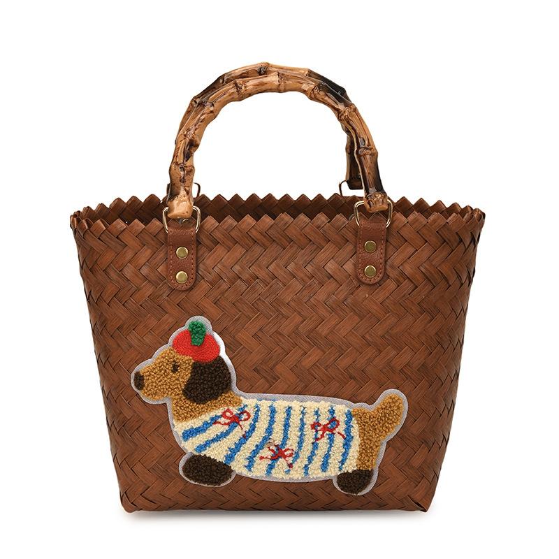 New Woven Niche Design Vegetable Basket Bag Retro Striped Dachshund Multi-color Commuting Large-capacity Handbag Bag