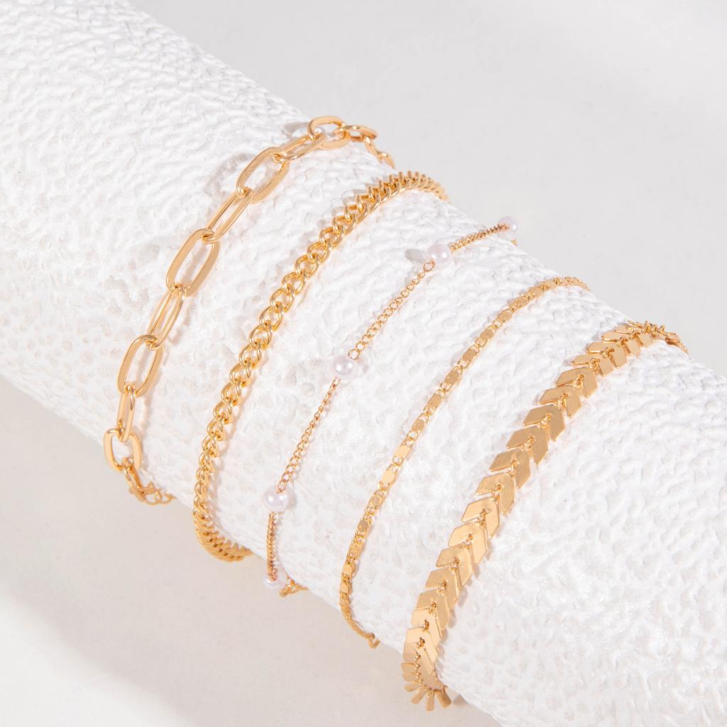 New beach wind aircraft chain pearl anklet set, retro multi-layer geometric anklet five-piece set