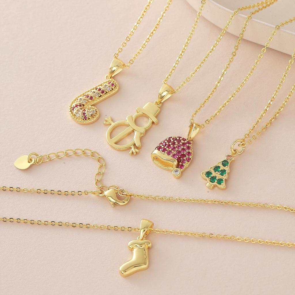 18k Gold Plated Christmas Tree & Snowman Pendant Necklace with Hat, Socks & Scepter - Fashionable Versatile Clavicle Chain.
