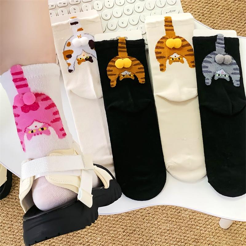 1Pair Cute Cartoon Cat & Ding Dong Egg Couple Mid-Calf Socks - Fashionable All-Season Socks for Spring & Summer