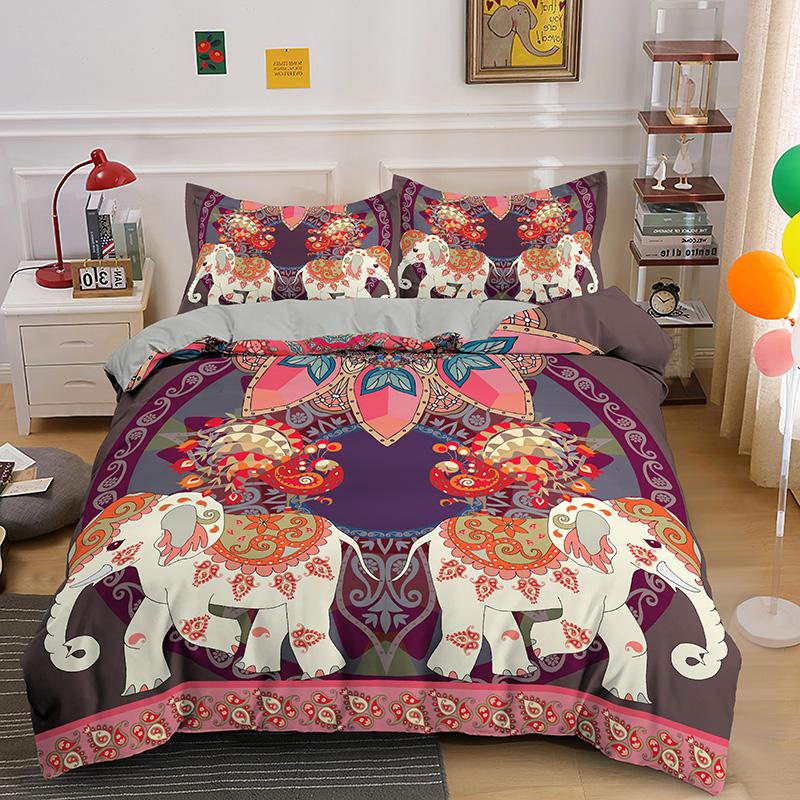 Bohemsk Elefant Sengetøy Sett Queen King Size Fargerikt 2/3 stk Dynetrekk Boho Psykedelisk Indisk Mandala Polyester Dyne Trekk