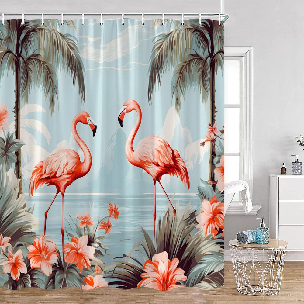 Flamingo Pink Birds Shower Curtains Tropical Palm Leaves Plants Jungle Nordic Bath Curtain Summer Vacation Fabric Bathroom Decor