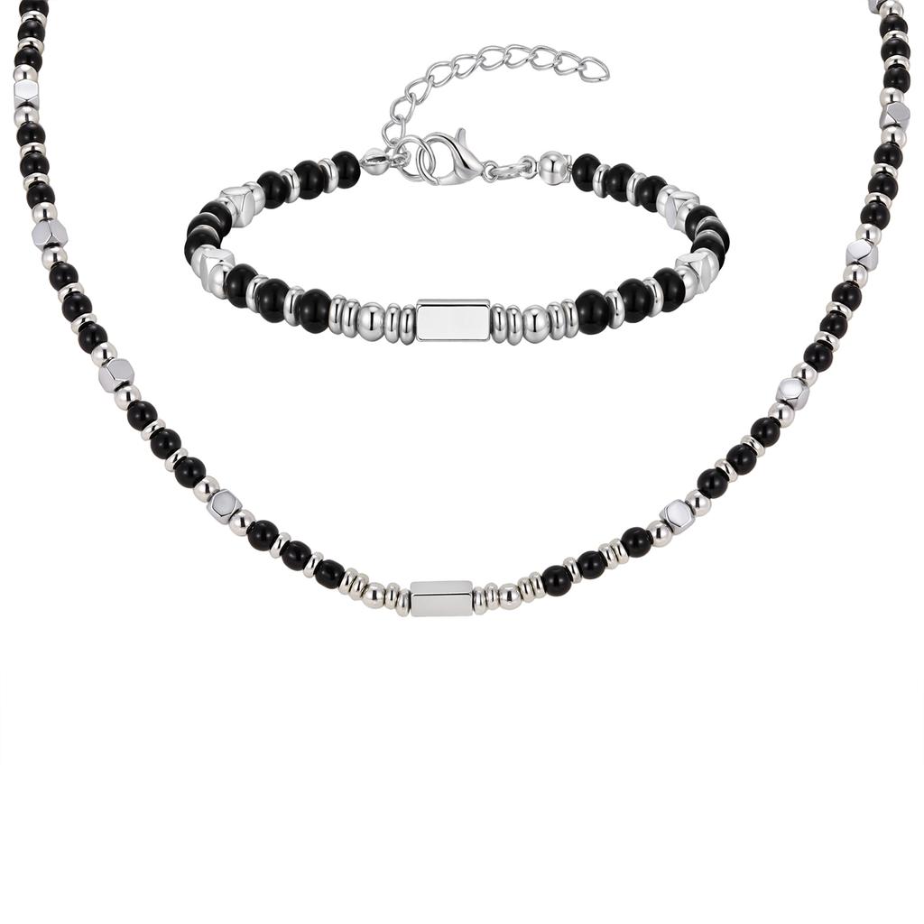 Classic Trendy Natural Stone Beaded Necklace for Men, Stainless Steel Chain Adjustable Necklace, Bohemian Style Fashion Jewelry