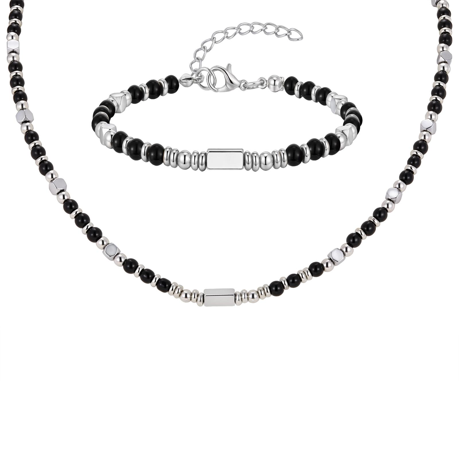 

Classic Trendy Natural Stone Beaded Necklace for Men, Stainless Steel Chain Adjustable Necklace, Bohemian Style Fashion Jewelry