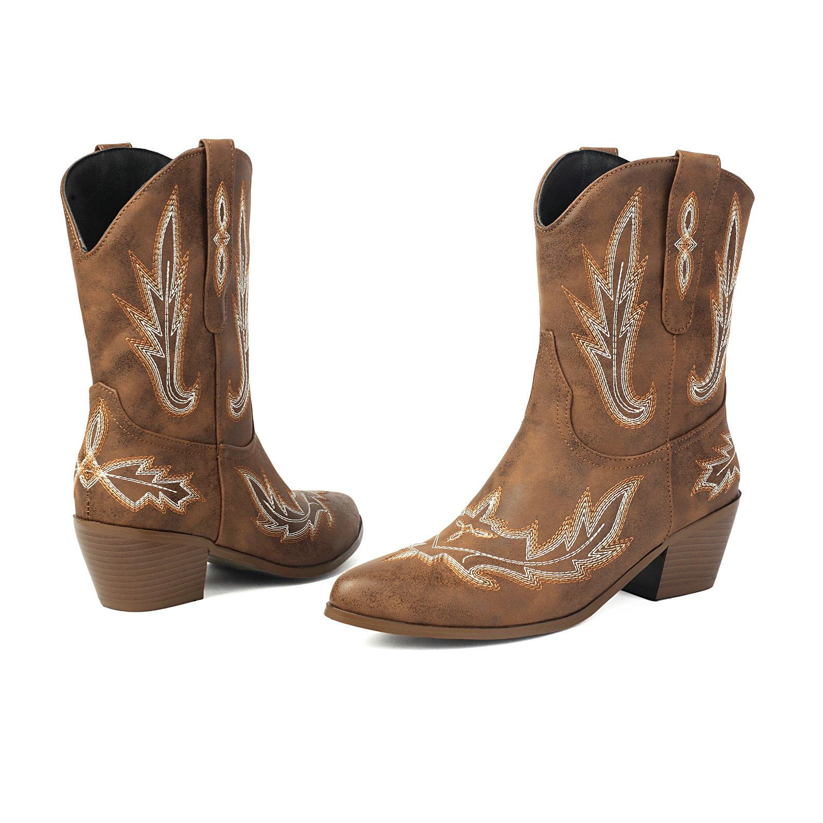 

Женские ковбойские сапоги с вышивкой, западные ковбойские ботильоны до щиколотки, пулловеры, туфли на массивном каблуке для кантри-концерта, диско-наряды 48 темно-коричневого