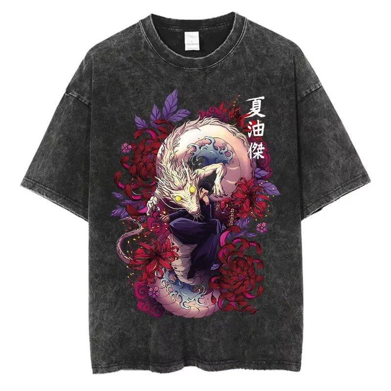 Vintage Washed Anime Graphic T Shirts Man Women Short Sleeve Tops Tees Summer Casual Harajuku Y2k Clothes