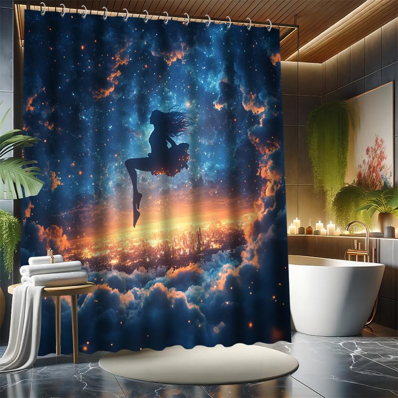 

Cartoon Girl Starry Sky & Cityscape Bathroom Set, Water-Resistant Polyester, Bathtub Partition,Machine Washable,All-Season Decor W60H190(CM)-1 Pcs