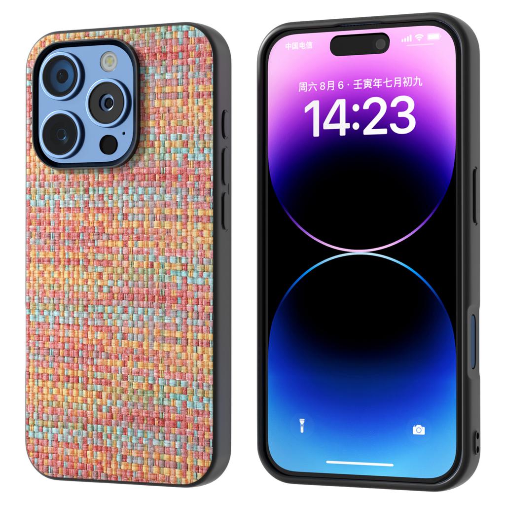 For iPhone 16 Pro Max Case Leather+PC+TPU Phone Cover Plaid Texture