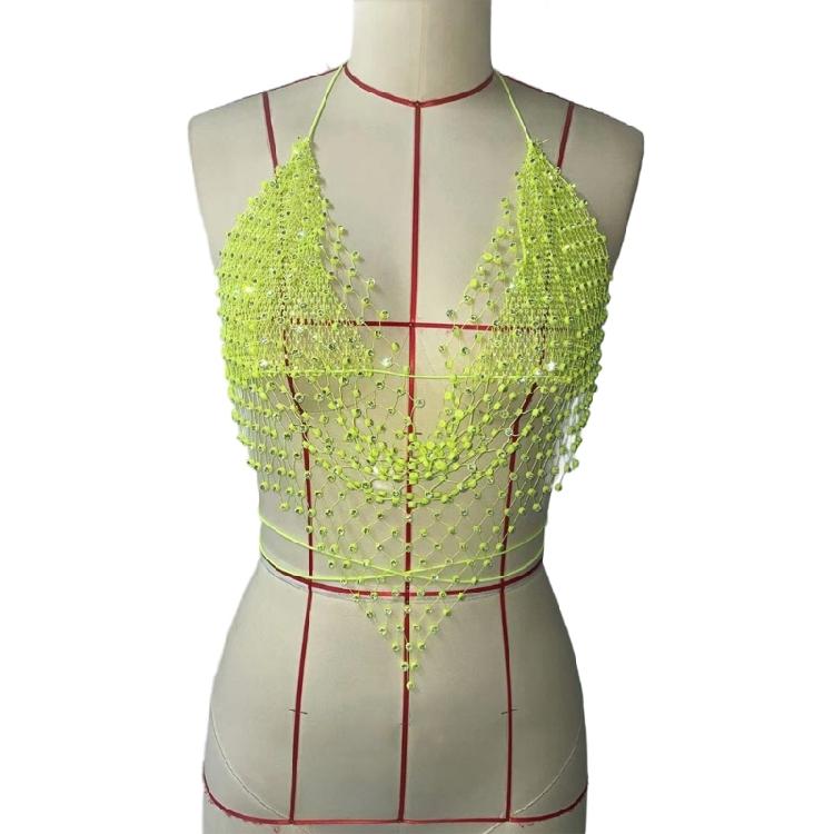 Women Shines Rhinestones Tank Top Halter Body Chain Fishnet Mesh Bra Crop Top Shirt for Night Club Party Raves Outfits