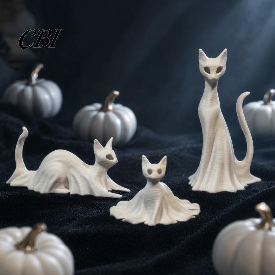 Ghost Skirt Cat Sculpture 3D Printed Statues, Halloween Haunted Kitten Figurines with Hollow Eyes Durable Statue & Flowing Drapes, Matte White Spooky