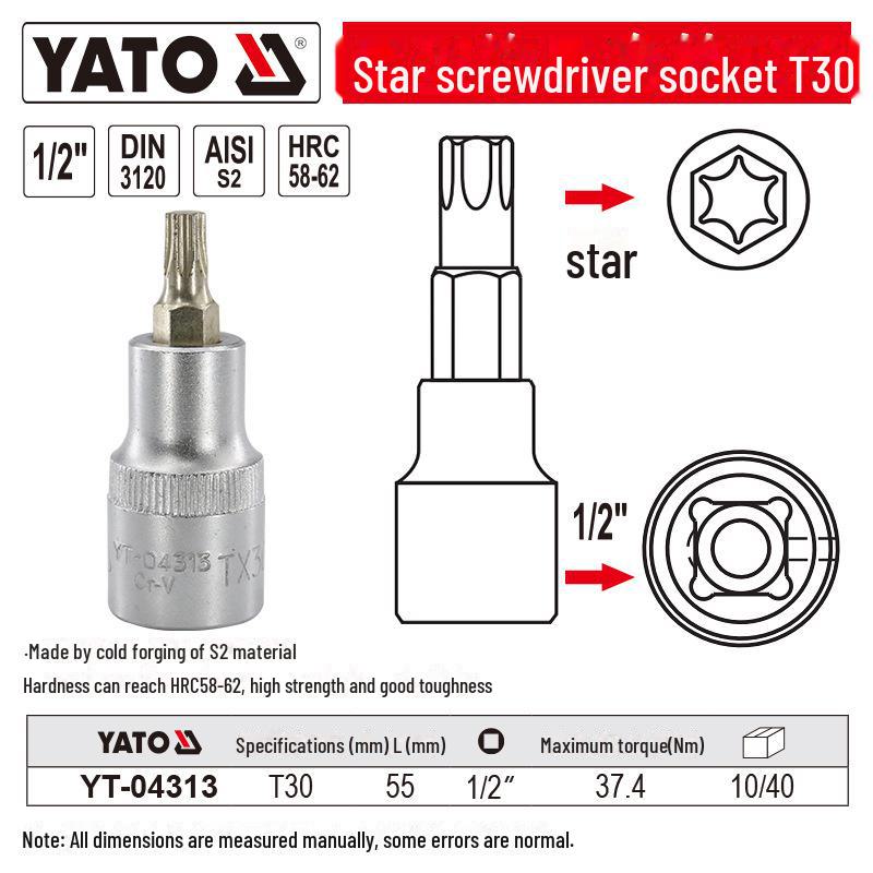 YATO 1/2" Star Screwdriver Socket Set, Chrome Vanadium Steel, S2 Head