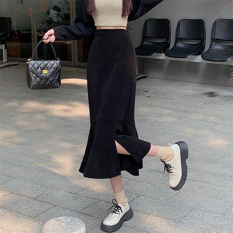 Slim-Fitting High Waist Split Mermaid Skirt Women's Autumn Winter Korean Style Mid-Length Elegant A-Line Bodycon Midi Skirt