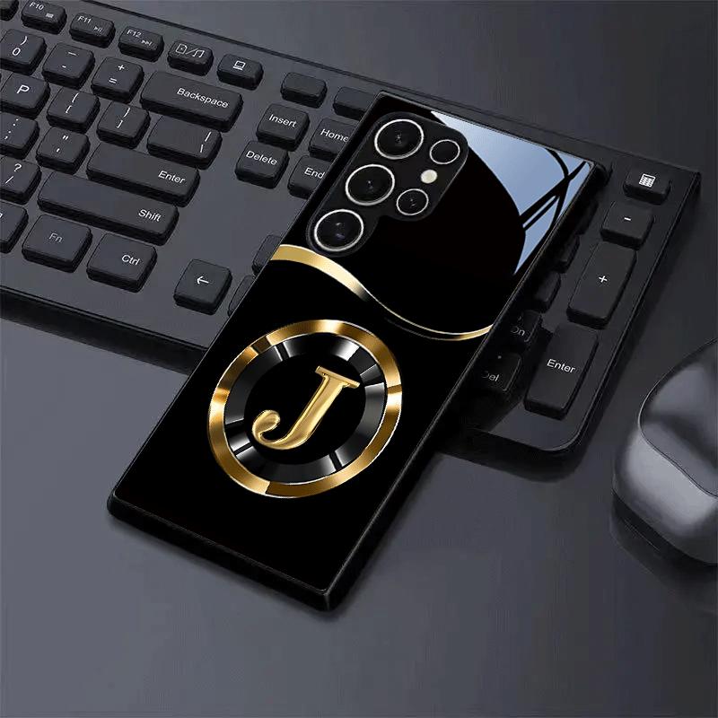 Golden Circle J-shaped Pattern Glass Phone Case Suitable for Samsung Galaxy S26 S25 S24 S22 S21 S20 FE/Ultra/Plus Anti Drop