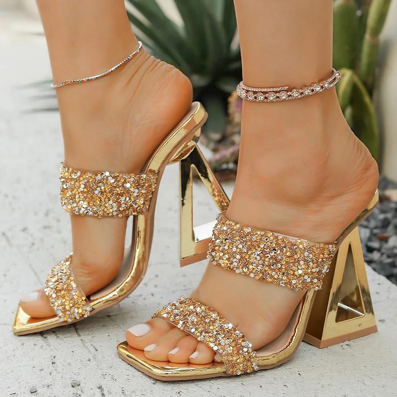 Fashion Super High Heels Gold Sequined Sandals Women Strange Heeled Summer Fashion Square Toe Slides Woman Party Wedding Gladiator Shoes