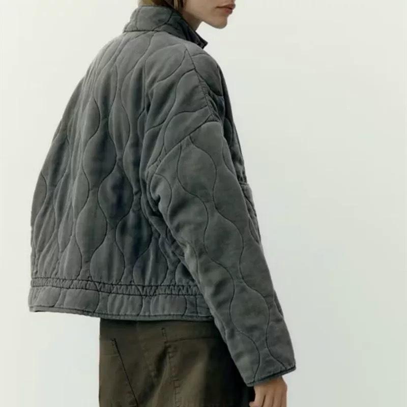 Women's Polyester Padded Jacket 2026New Arrival Vintage Lenzing Rayon High Collar Large Pocket Decorative Quilted Coat for Women