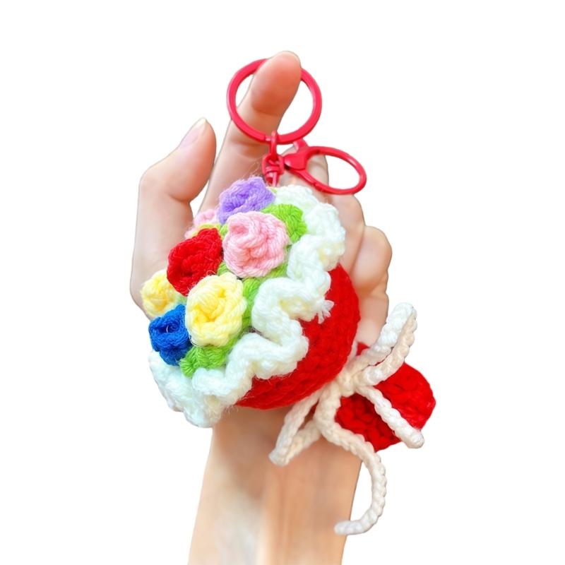 Handmade Crochet Flower Keychains Purse Bag Accessories Key Charm Car Keyrings Valentines Gift Bouquet Keychain Women