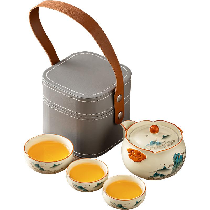 Guochao Splendid Mountains and Rivers Ru Kiln Binaural Teapot Ceramic Hand Grab Pot Light Luxury Portable Camping Small Set Kung Fu Tea Set