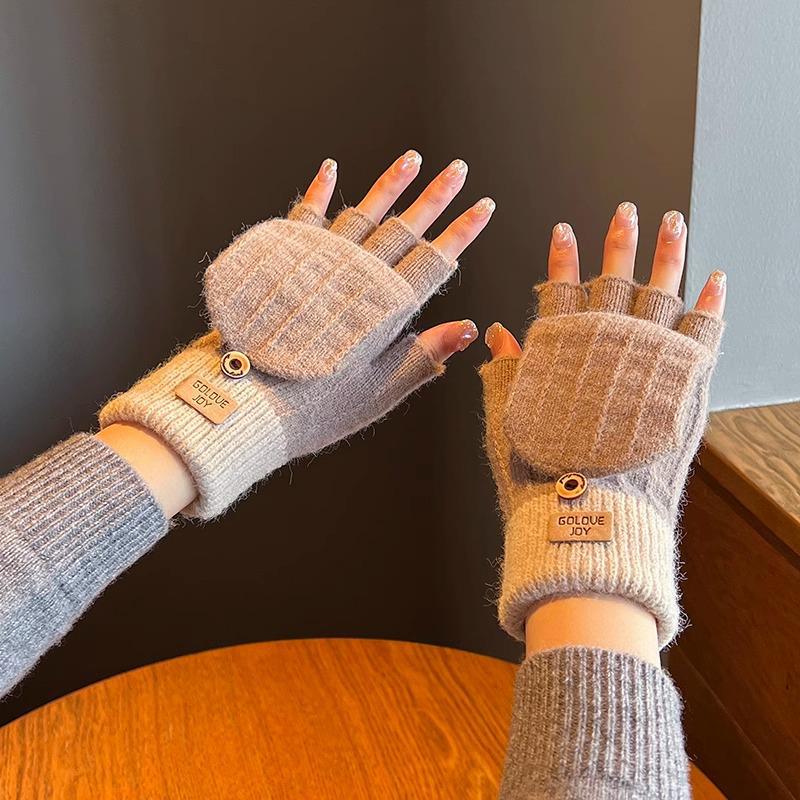 

Зимние флип-перчатки для женщин: Теплая, бархатная, утолщенная модель на пять пальцев для письма и езды на велосипеде F019-Flap leather label gloves хаки