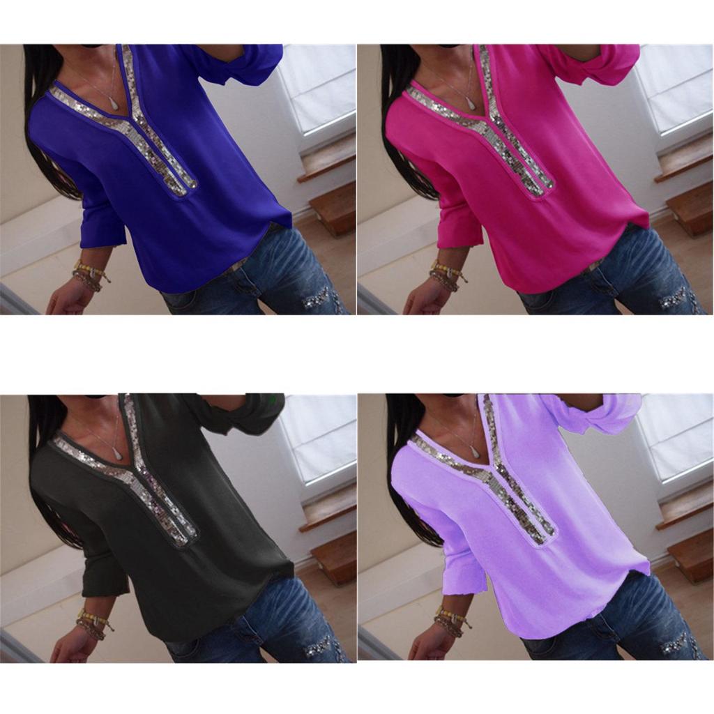 Elegant Womens Long Sleeve Sequins V-neck Tops Blouse With Casual Plus Size Fit