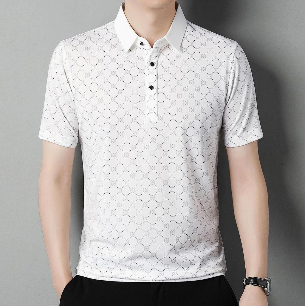 Ice Silk Short-Sleeved Polo Shirt Men'S High-End Trend Printed Thin Lapel Men'S T-Shirt Polo Shirt
