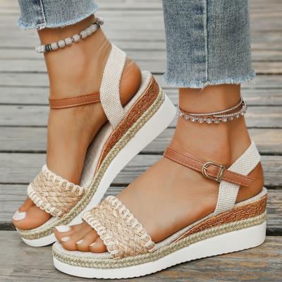 Damen geflochtene Seil Keilabsatz Sandalen Offene Zehenpartie Schnallenriemen Plateau Schuhe Lässige Sommerschuhe