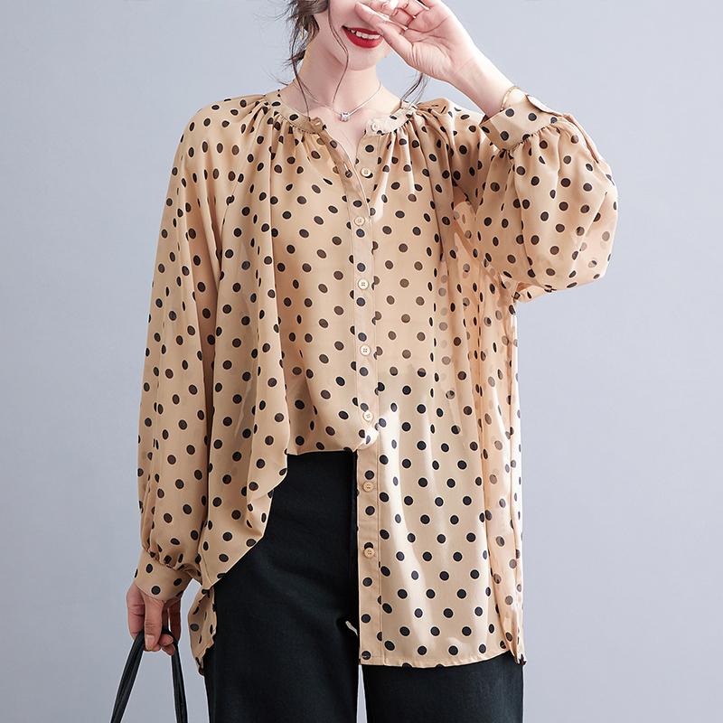 Bequemes Chiffon-Shirt mit Punkten für Damen im Frühsommer, Langarmshirt, modische Damenbekleidung