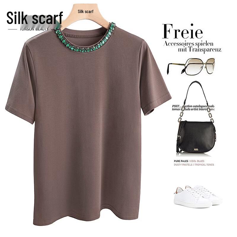 Women s Round Neck Beaded Short Sleeve T-shirt M коричневый